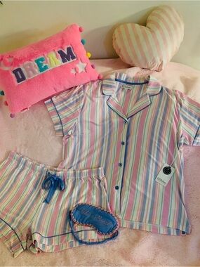 PJ Salvage Bayside Dreams Pajama Set Pink Blue Pastel Stripe Loungewear Size XL